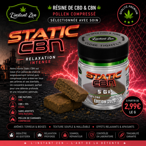 Résine Static CBN premium de L’Instant Zen en pot 5g avec pollen compressé CBD et CBN pour relaxation intense